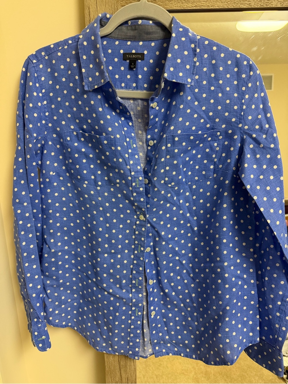 Talbots Blue Polka Dot Linen Collared Button-Front Shirt